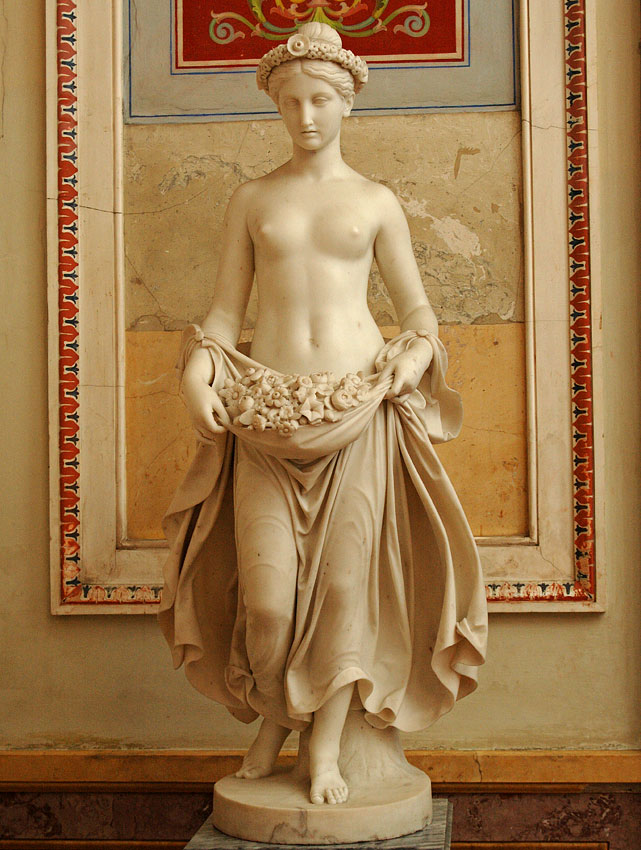 Flora. Pietro Tenerani (1798—1869). Marble. 1840.  The signature behind on a tree trunk: P. TENERANI / FACEVA. IN. ROMA / MDCCCXXXX Inv. No. Н.ск. 253. Saint Petersburg, The State Hermitage Museum