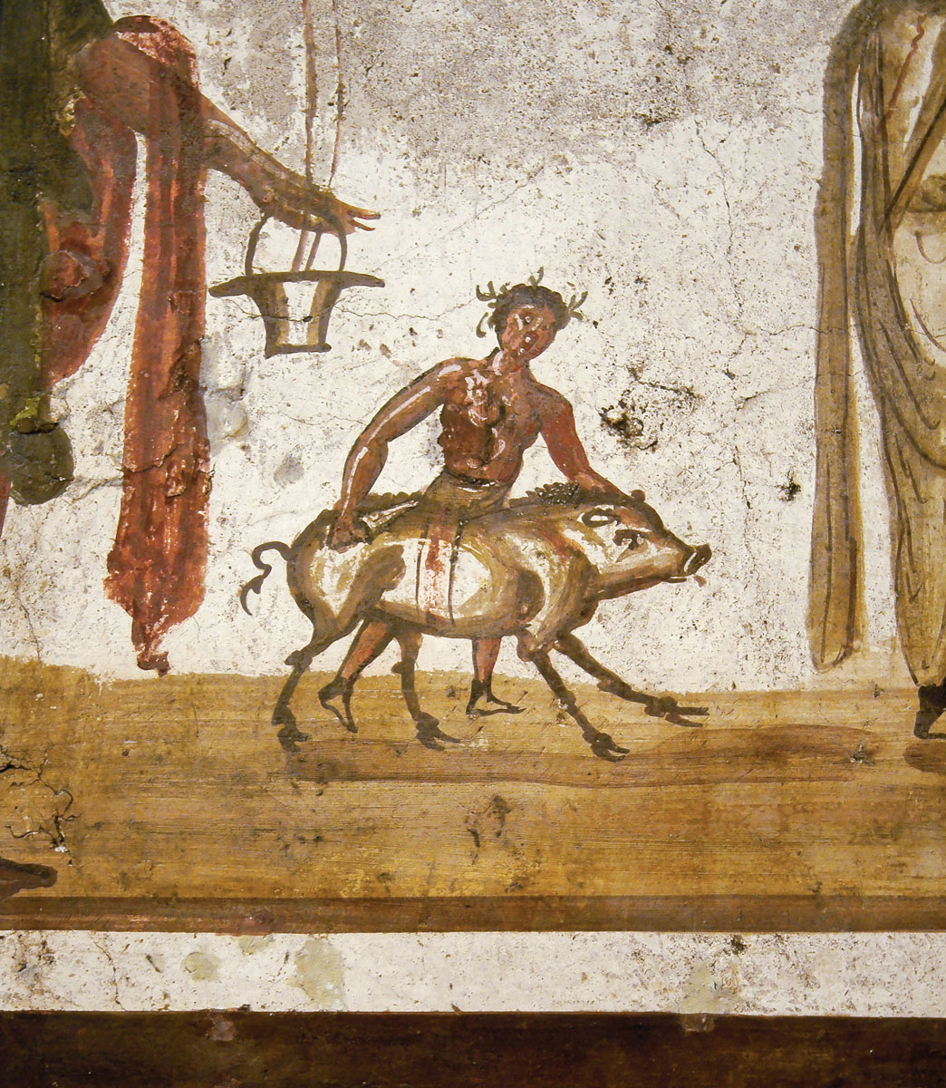 Sacrifice scene depicted in the Roman fresco from Pompeii, now on display  in the National Archaeological Museum (Museo Archeologico Nazionale di  Napoli) in Naples, Campania, Italy. Two lares, in their characteristic  clothing